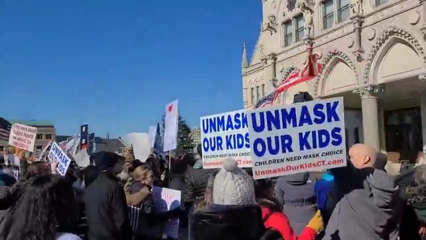 Demonstrators protest CT school mask mandate during State of the State